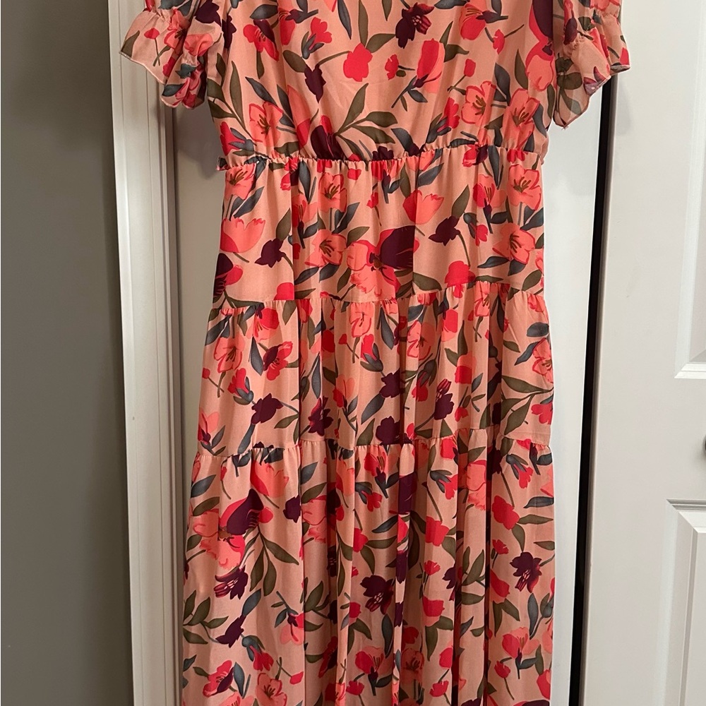 Red and Pink Ruffled Tiered Maxi Dress with Puff Sleeves